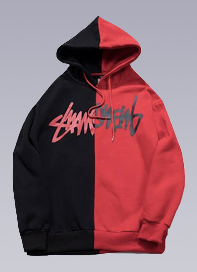 Half black store half red hoodie