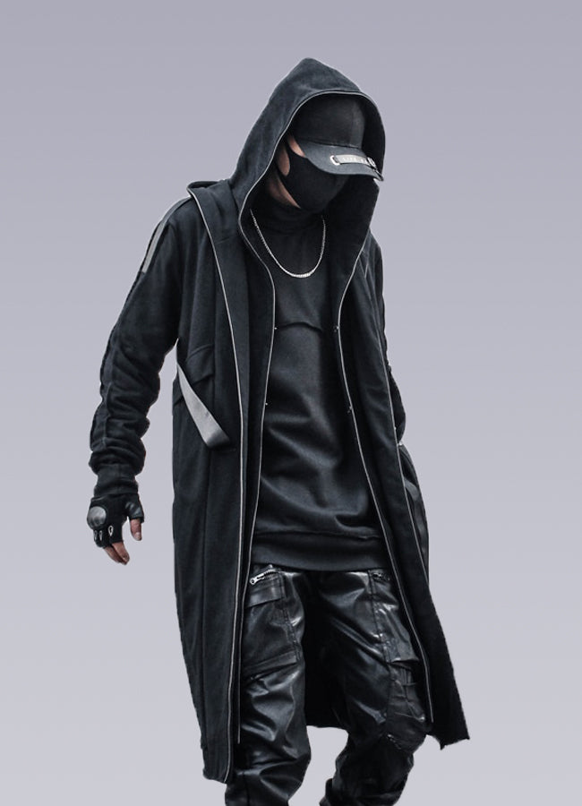 Long hooded black coat hot sale