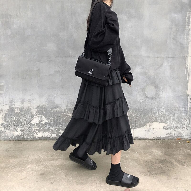 Black Long Ruffle Skirt | OFF-WRLD TECHWEAR