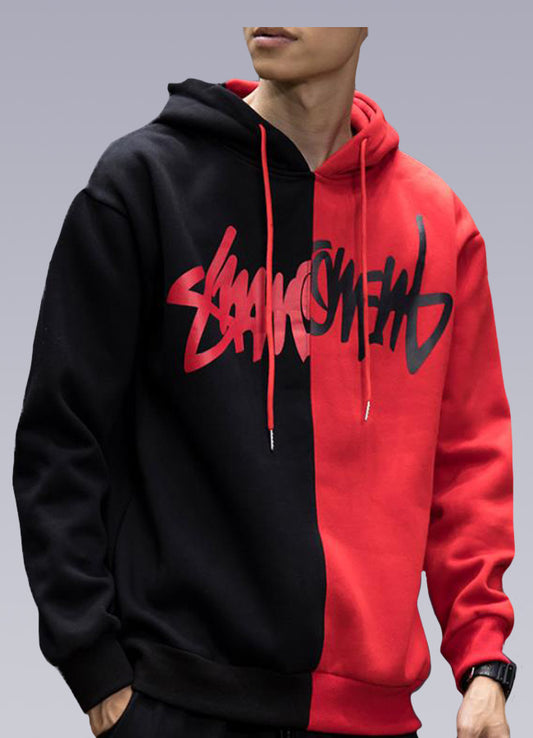 red and black split hoodie