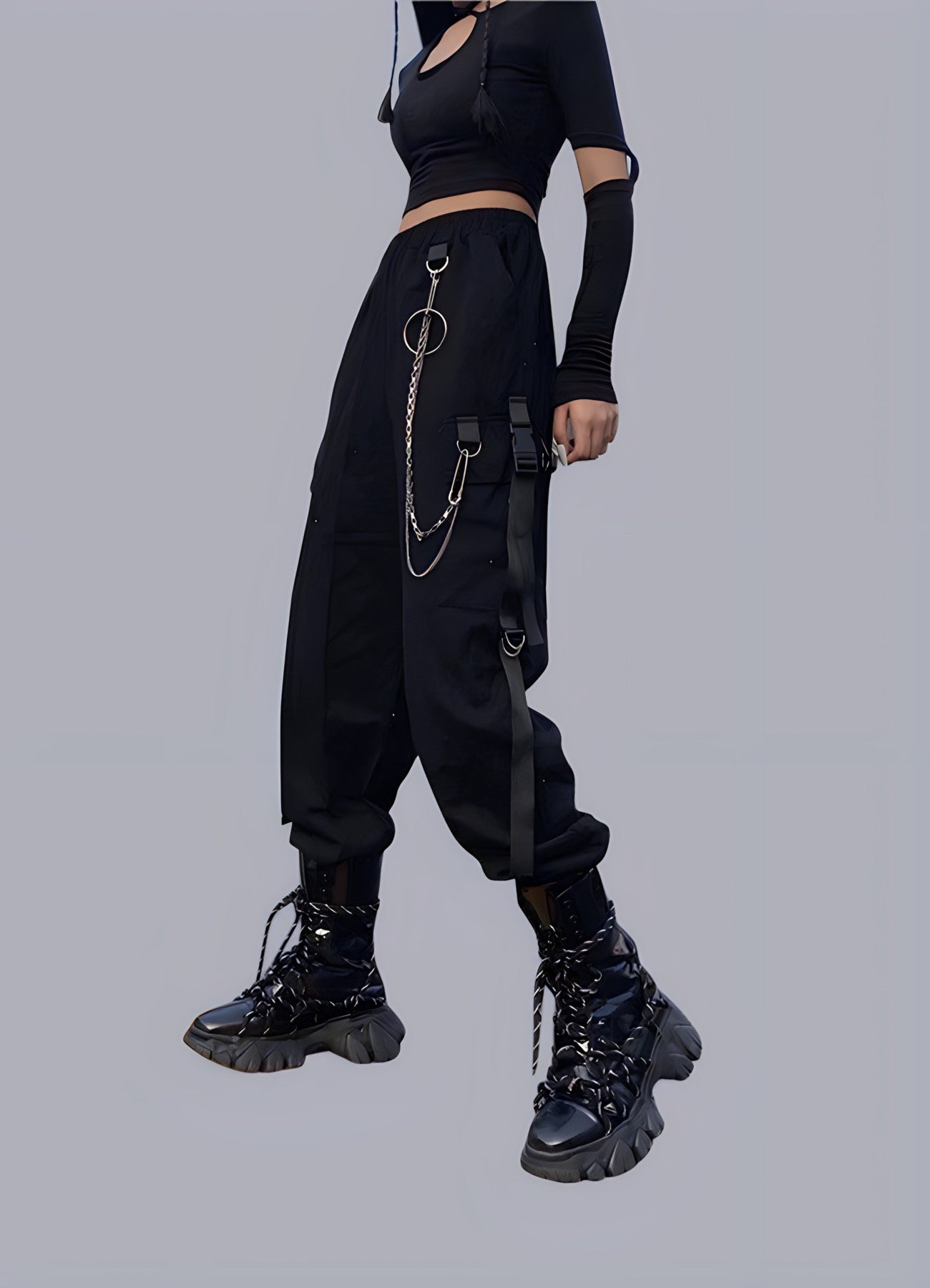 Black Cargo Pants with White Stitching | Techwear
